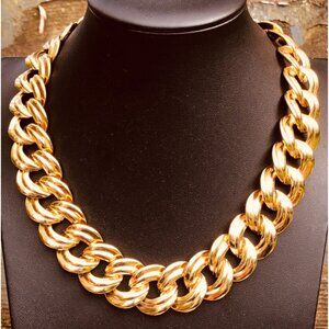 Vintage Chunky Gold Tone Faux Double Curb Link Necklace Heavy